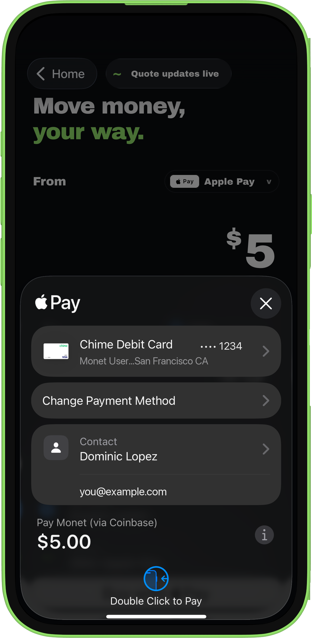 Funding a transfer with Apple Pay in the Monet app
