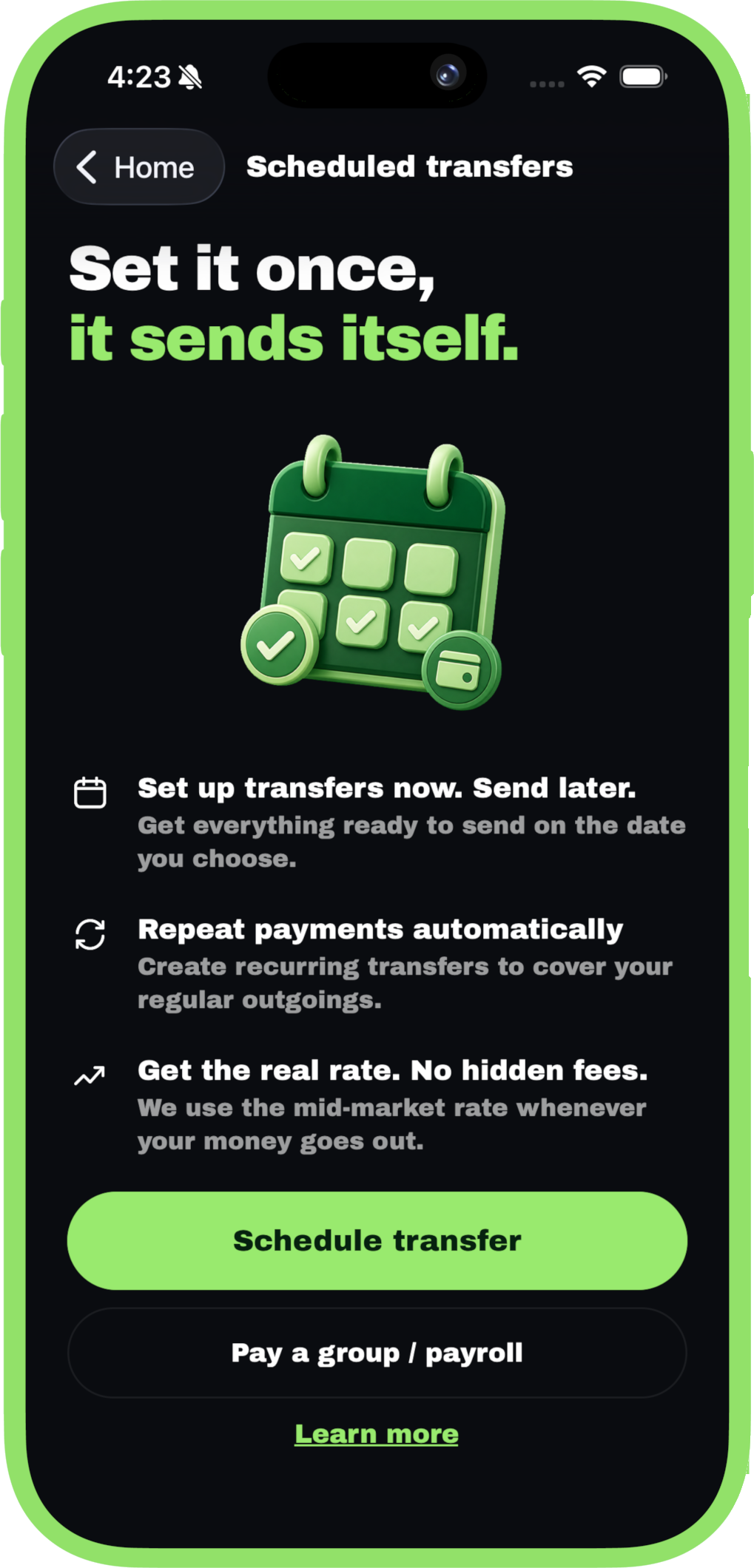 Setting up a scheduled transfer in the Monet app