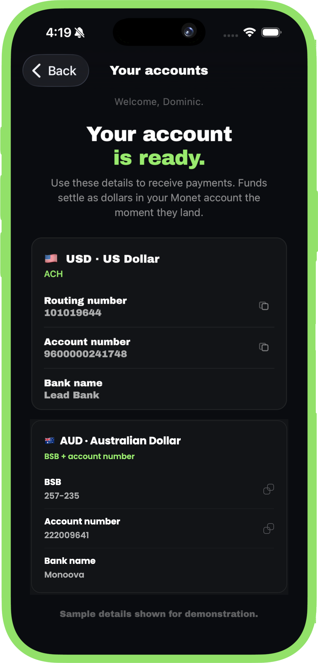 A Monet US account and routing number in the app
